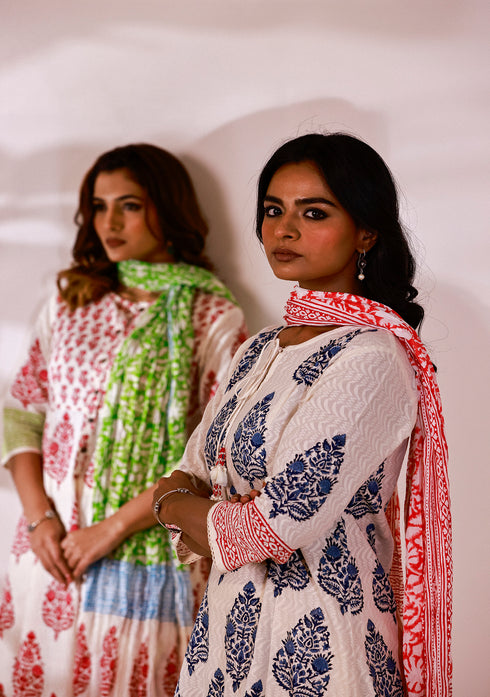 Dobby Blue Hand-Block Print A-line Kurta Set (Set of 3)