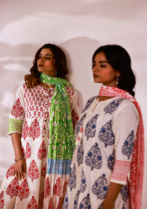 Red Hand-Block Print Anarkali Suit with Dupatta (Set of 3)