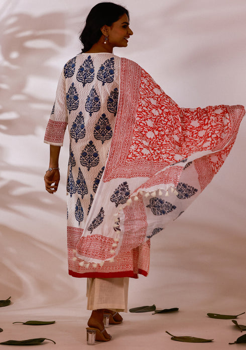 Dobby Blue Hand-Block Print A-line Kurta Set (Set of 3)