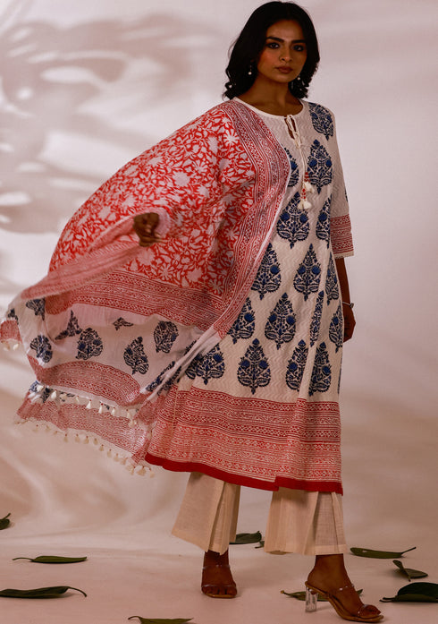 Dobby Blue Hand-Block Print A-line Kurta Set (Set of 3)