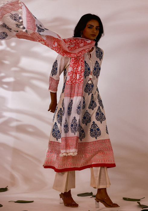 Dobby Blue Hand-Block Print A-line Kurta Set (Set of 3)