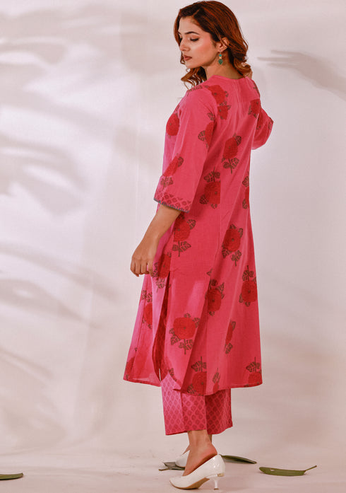 Pink floral Hand block print flared Kurta with pant (set of 2)