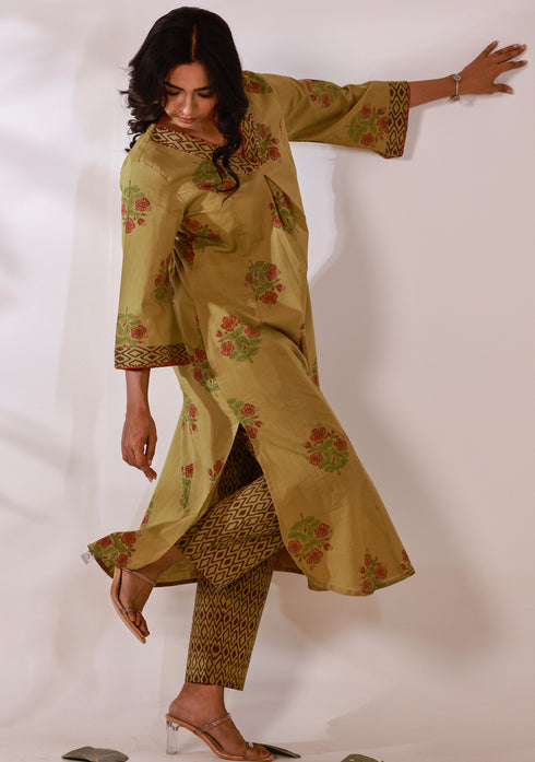 Mehandi Green floral Hand block print flared Kurta with pant (set of 2)