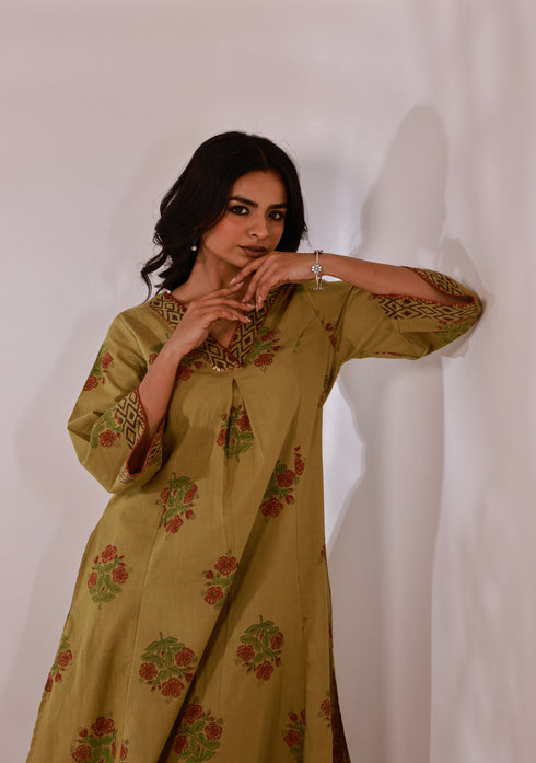 Mehandi Green floral Hand block print flared Kurta with pant (set of 2)