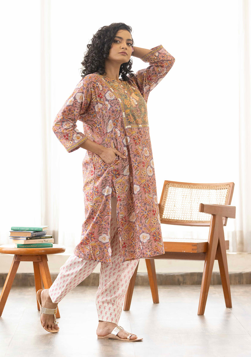 Pink - Sanganeri Block Printed Cotton Kurta with Sharara Set