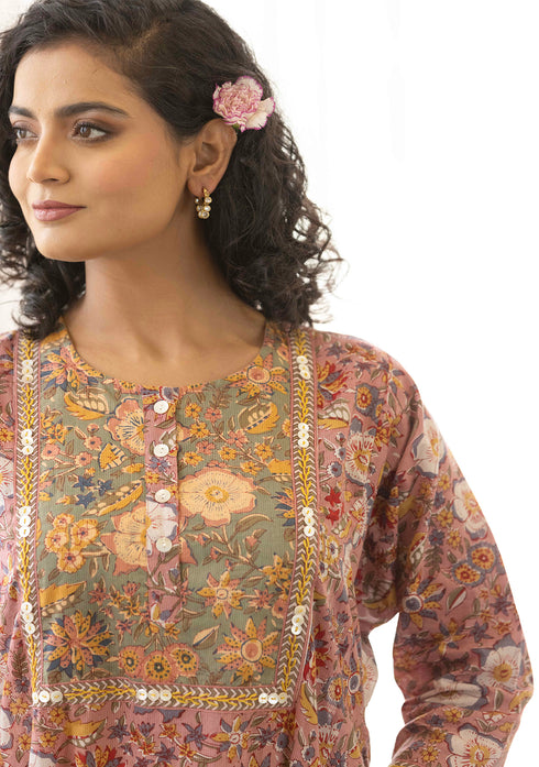 Dusty Pink Sanganeri print Kurta with Salwar (set of 2)