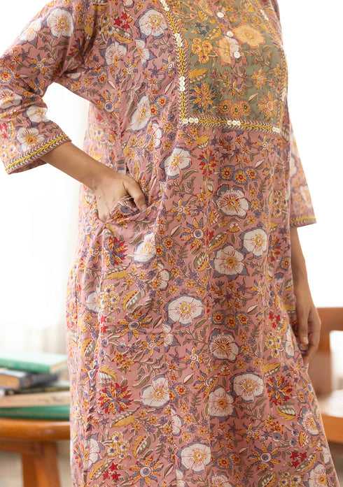 Dusty Pink Sanganeri print Kurta with Salwar (set of 2)