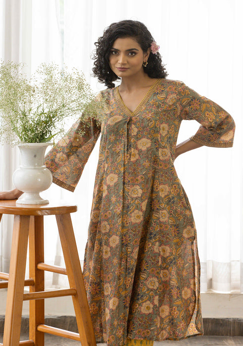 Dusty green Sanganeri print flared Kurta with pant (set of 2)