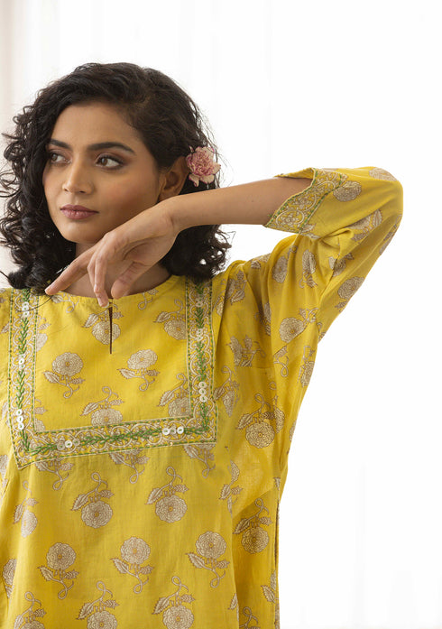 Yellow floral discharge print Kurta with Salwar (set of 2)