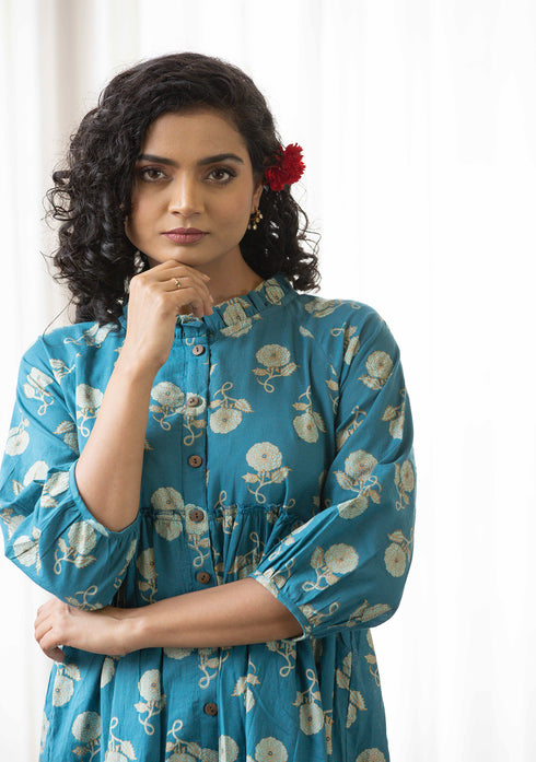 Blue floral discharge print tiered Dress