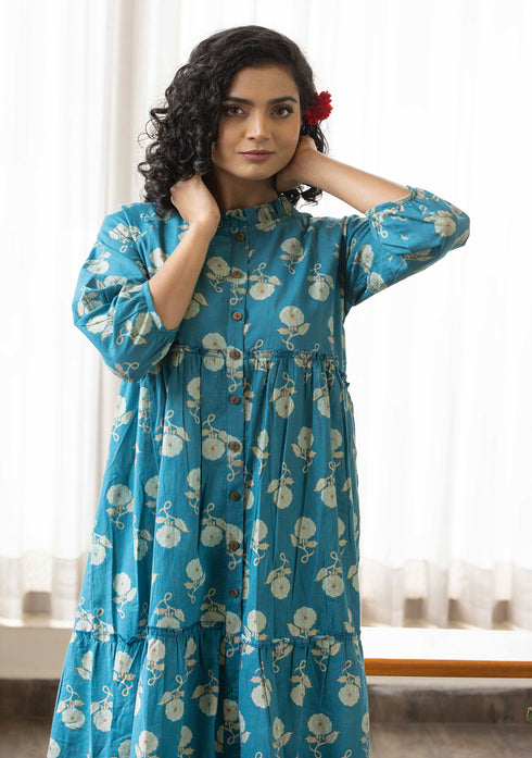 Blue floral discharge print tiered Dress