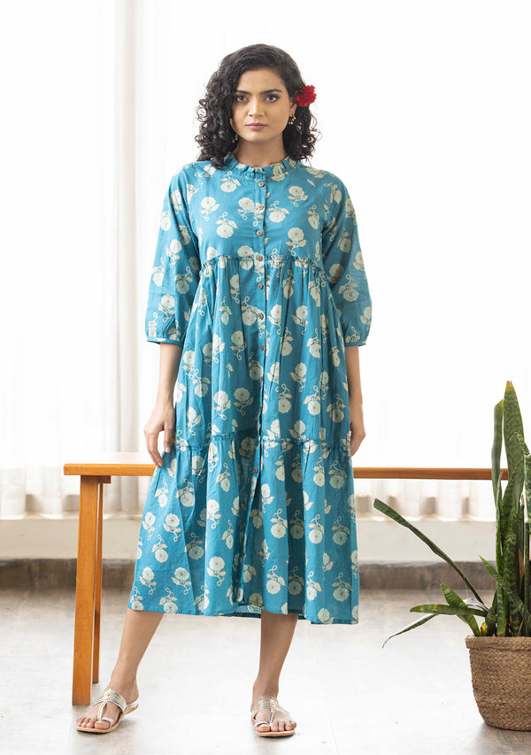 Blue floral discharge print tiered Dress