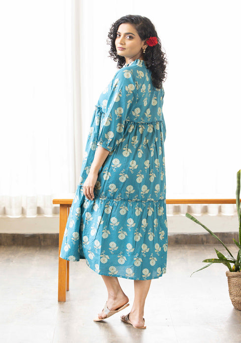 Blue floral discharge print tiered Dress