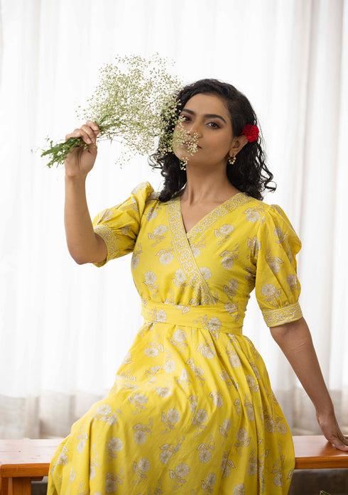 Yellow floral discharge print Dress