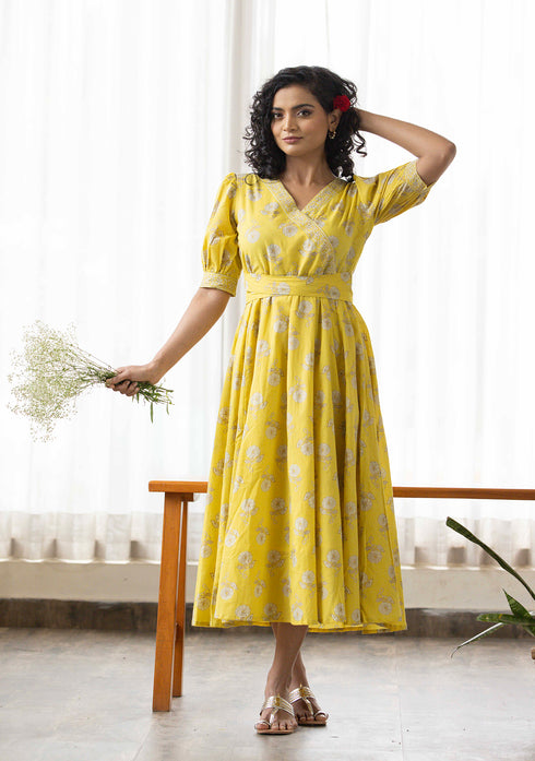 Yellow floral discharge print Dress