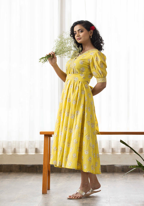 Yellow floral discharge print Dress
