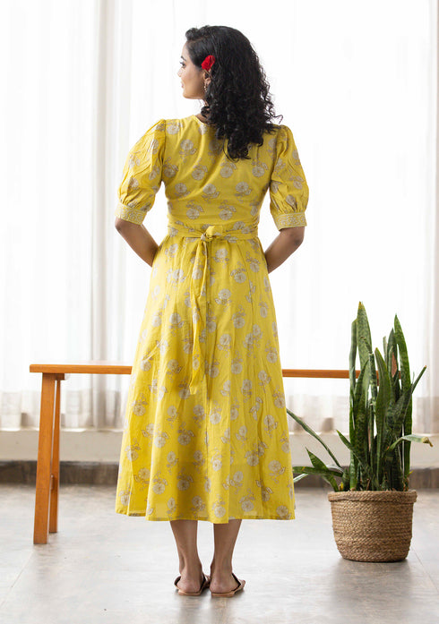 Yellow floral discharge print Dress