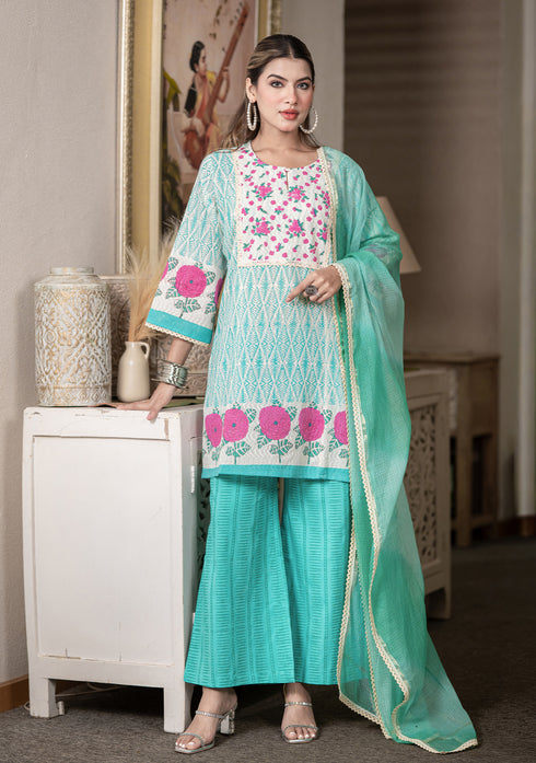 Aqua Green Hand-Block Printed Short Length Kurta Set