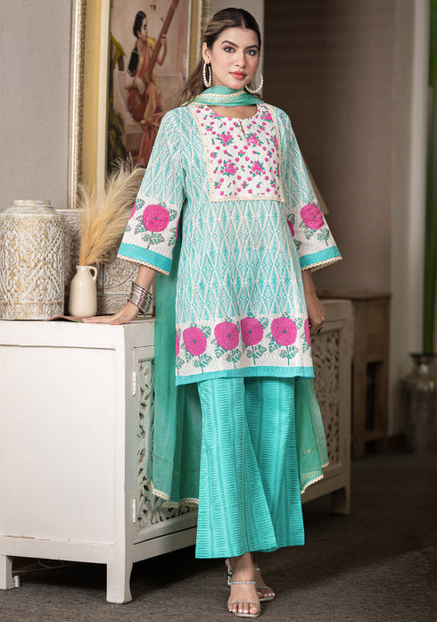 Aqua Green Hand-Block Printed Short Length Kurta Set