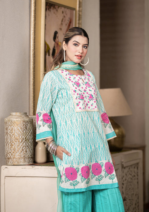 Aqua Green Hand-Block Printed Short Length Kurta Set