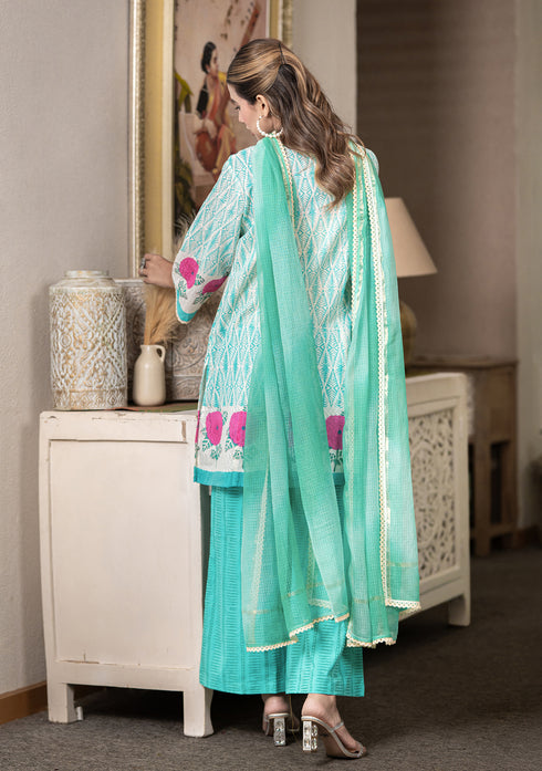 Aqua Green Hand-Block Printed Short Length Kurta Set