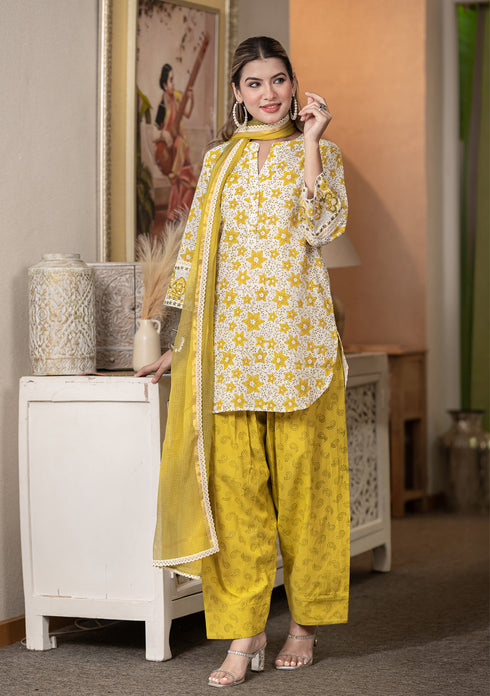 Earthy yellow Hand Block Printed Short Kurta Salwar Set