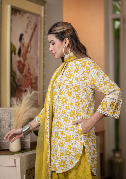 Earthy yellow Hand Block Printed Short Kurta Salwar Set