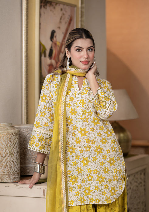 Earthy yellow Hand Block Printed Short Kurta Salwar Set