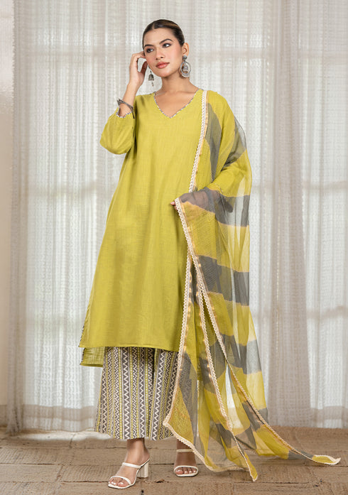 Solid Green Asymmetric Kurta with Pant & Dupatta