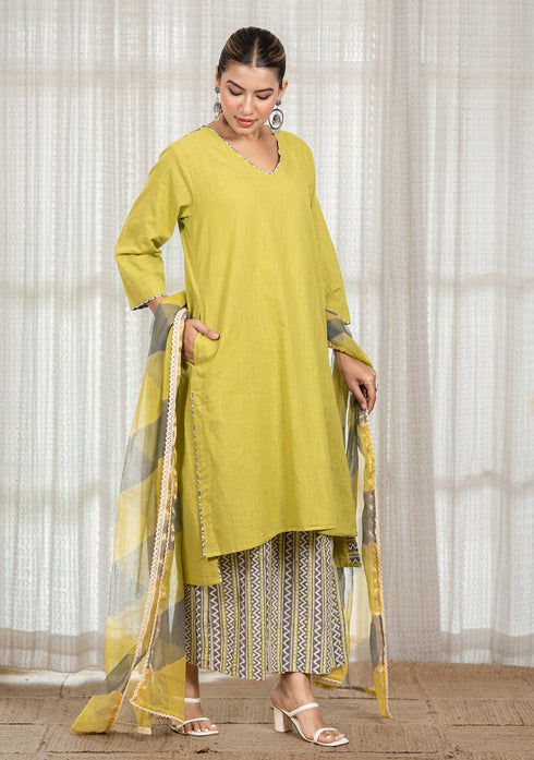 Solid Green Asymmetric Kurta with Pant & Dupatta