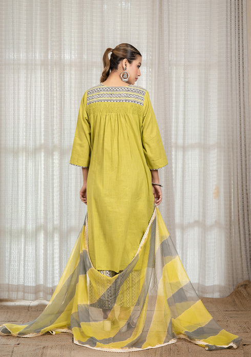 Solid Green Asymmetric Kurta with Pant & Dupatta