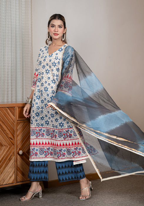 Classic Blue Hand Block Printed A-Line Kurta Set