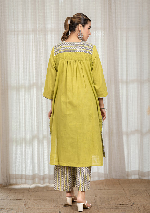 Solid Green Asymmetric Kurta with Cotton Pants