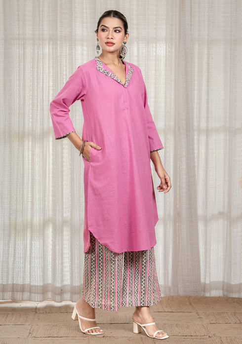Solid Pink A-Line Kurta with Pant
