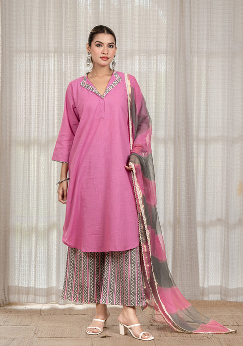 Solid Pink A-Line Kurta with Pant & Dupatta