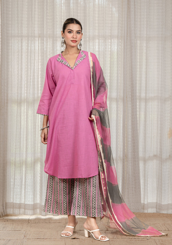 Solid Pink A-Line Kurta with Pant & Dupatta
