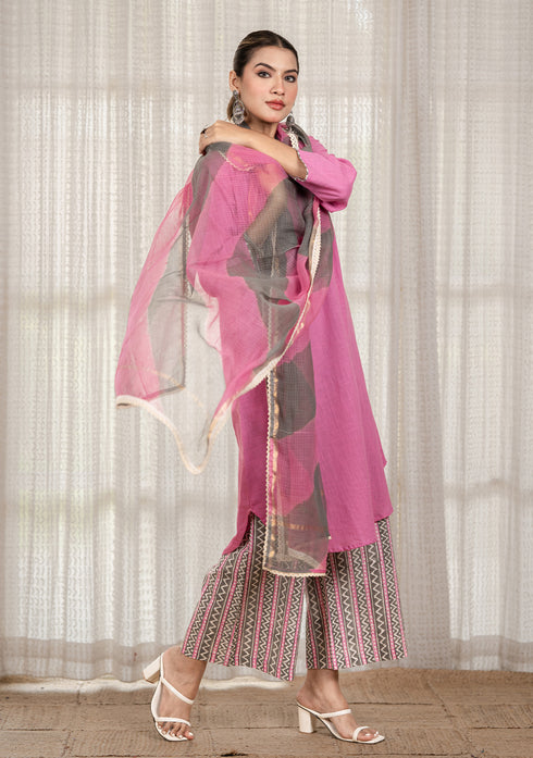 Solid Pink A-Line Kurta with Pant & Dupatta