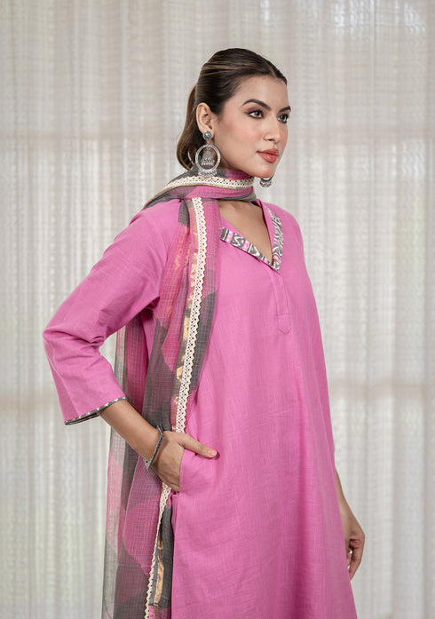 Solid Pink A-Line Kurta with Pant & Dupatta