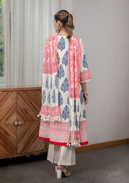 Dobby Blue Hand-Block Print A-line Kurta Set