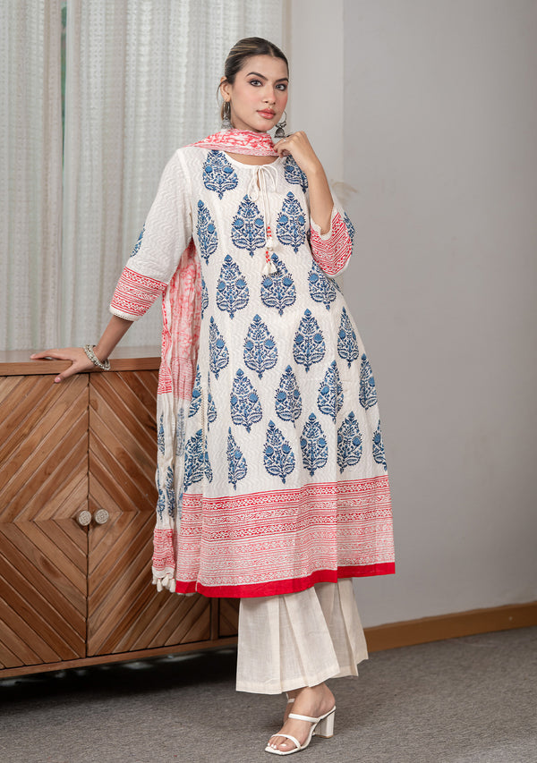 Dobby Blue Hand-Block Print A-line Kurta Set