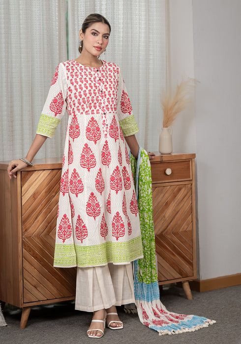 Red Hand-Block Print Anarkali Suit with Dupatta