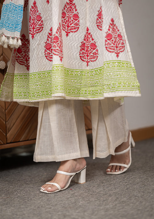 Red Hand-Block Print Anarkali Suit with Dupatta