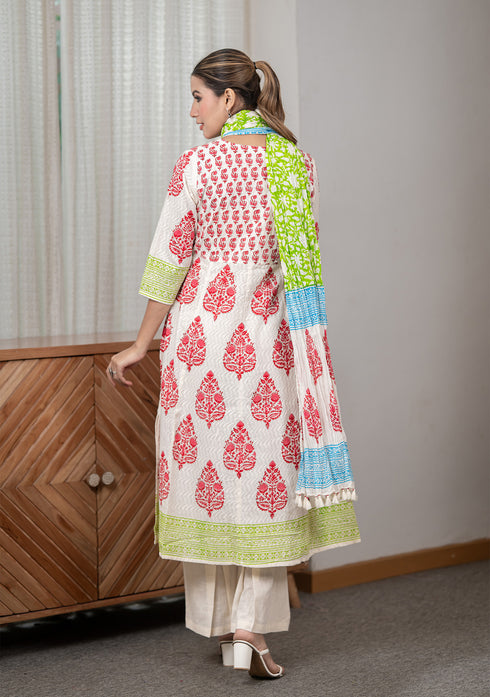 Red Hand-Block Print Anarkali Suit with Dupatta