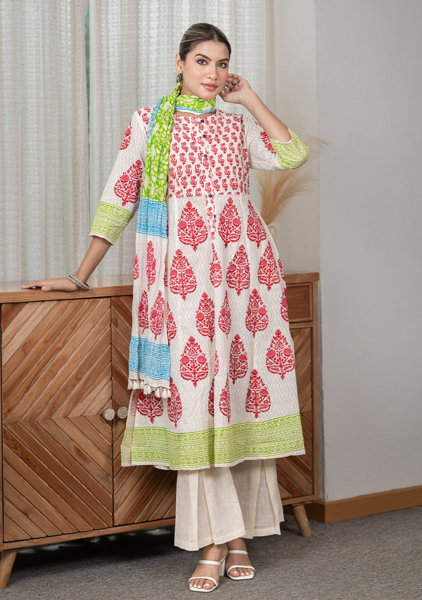 Red Hand-Block Print Anarkali Suit with Dupatta