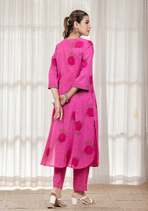 Pink floral Hand block print flared Kurta with pant
