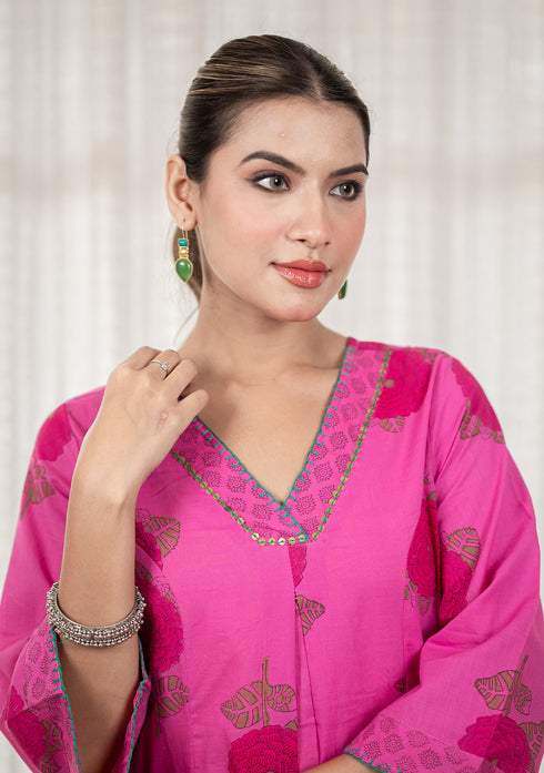 Pink floral Hand block print flared Kurta with pant