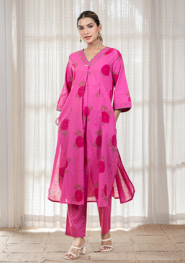 Pink floral Hand block print flared Kurta with pant