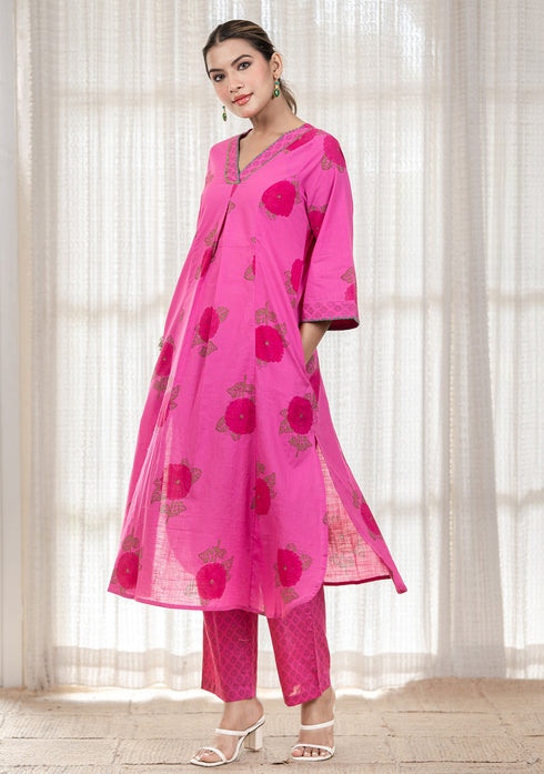 Pink floral Hand block print flared Kurta with pant