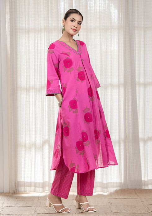 Pink floral Hand block print flared Kurta with pant
