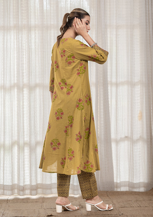 Mehandi Green floral Hand block print flared Kurta with pant
